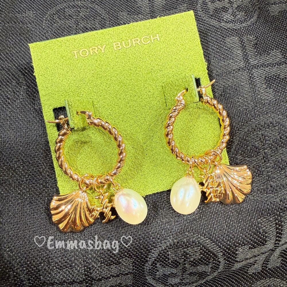 Tory Burch Textured Rope Charm Hoop Earring 182012 Tory Gold / Pearl $220